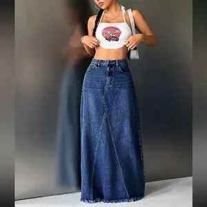 【WONDER WONDER】Bro Linen Summer Raw Denim Long Skirt Lightweight denim boho long skirt | Alcott | Women's Skirts